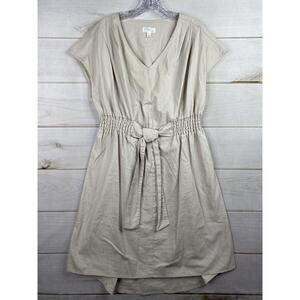 Morgan Taylor Dress Womens L Beige Linen Blend Elastic Waist Tie V Neck Midi